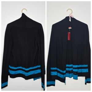 Red Black Open-Front Cape Cardigan with Blue Stripe Accents Size S New